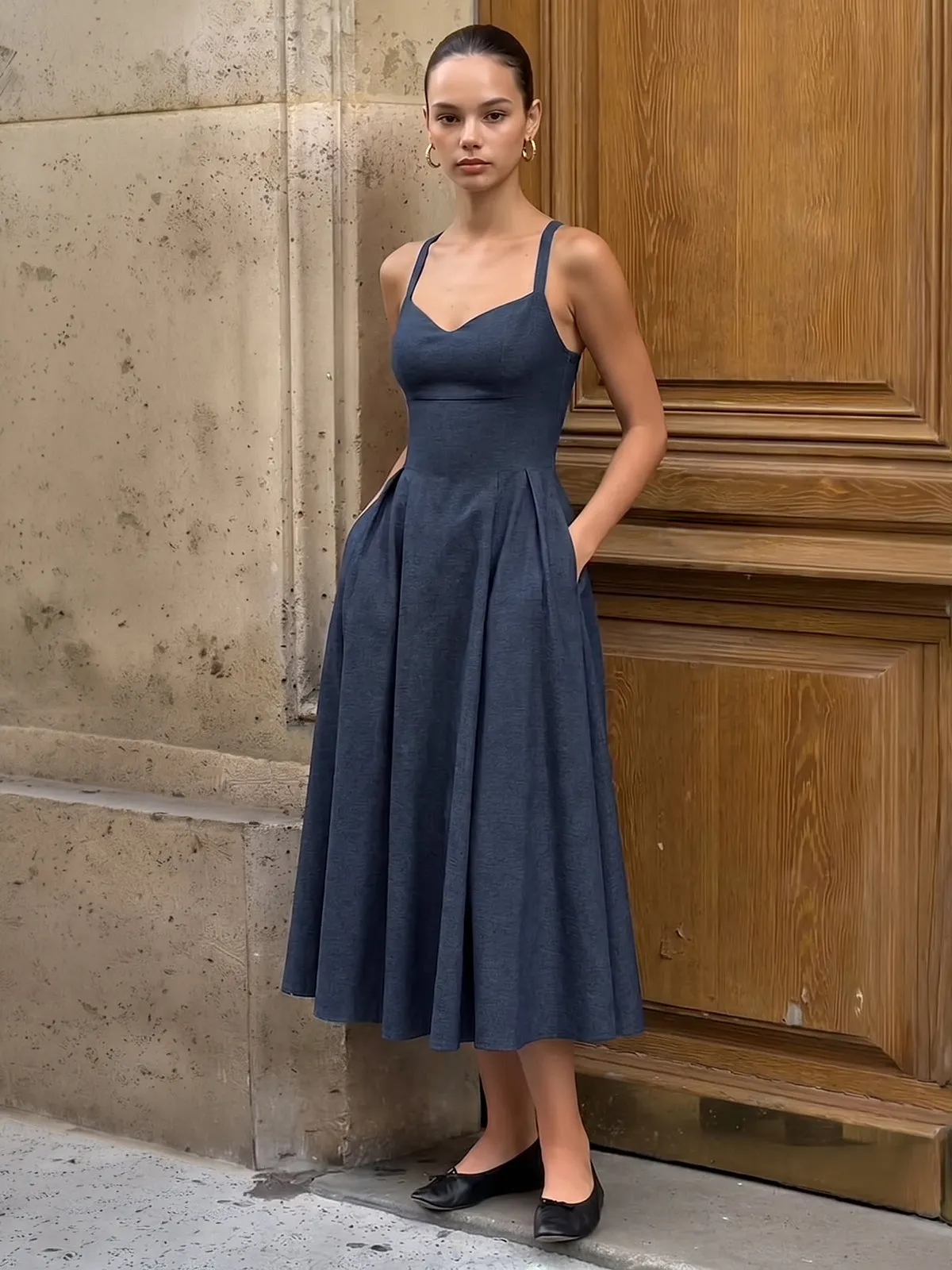 Sweetheart Pocket Midi Slip Dress sold by COMMENSE