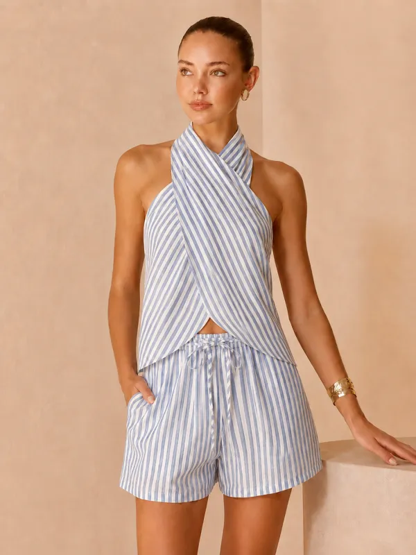 Striped Halter Top & Drawstring Shorts Set made by COMMENSE