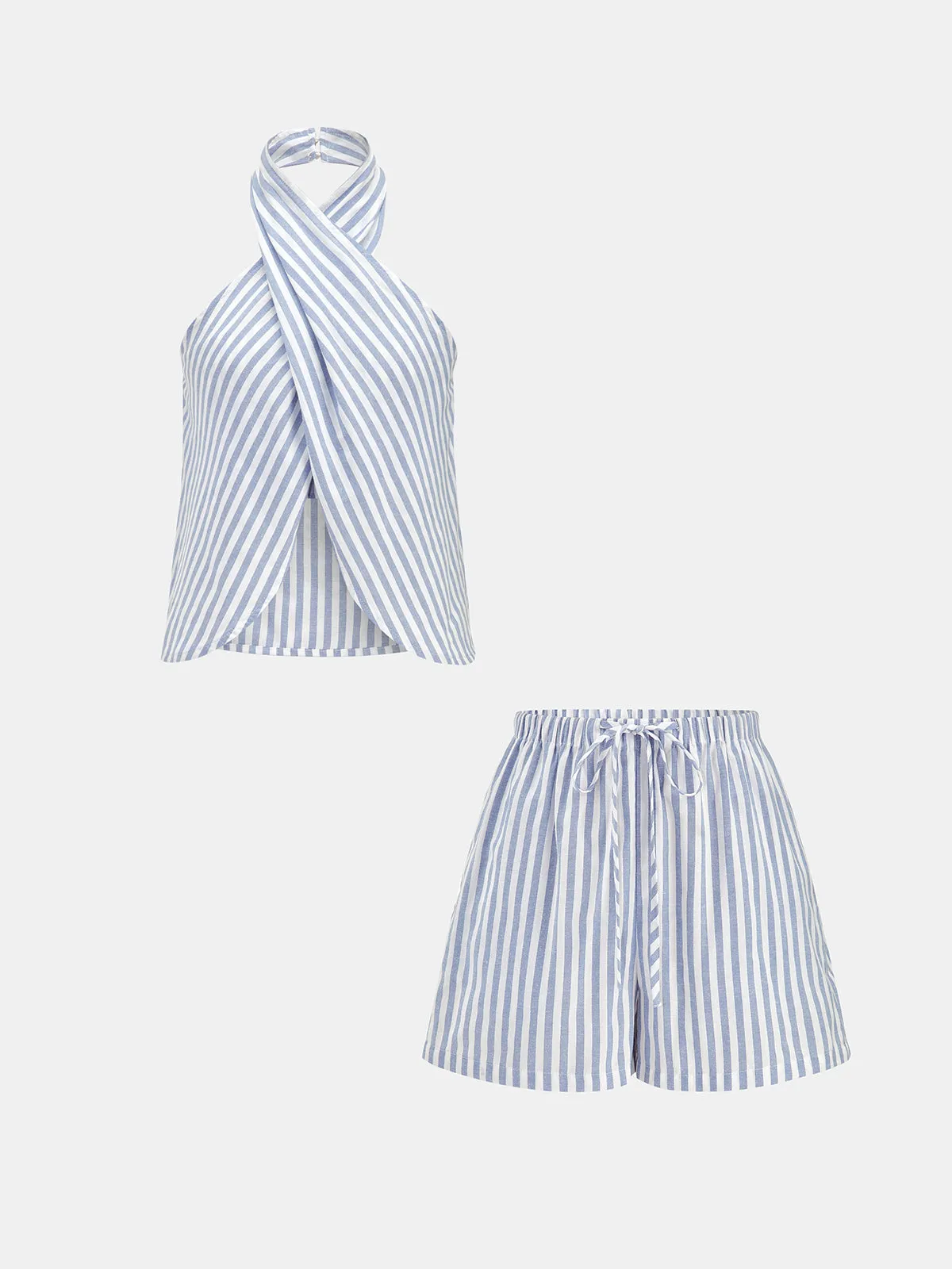 Striped Halter Top & Drawstring Shorts Set sold by COMMENSE product image thumbnail 2