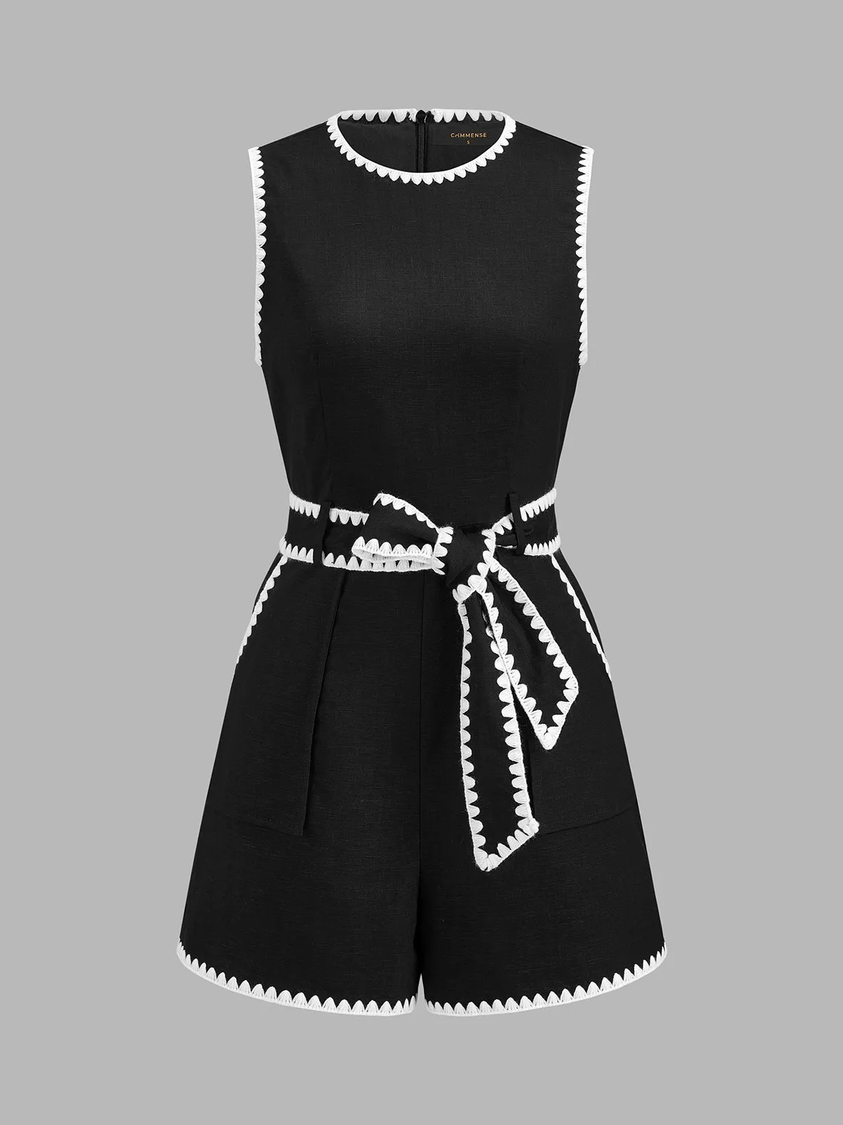 Linen Blend Scallop Trim Belted Romper sold by COMMENSE product image thumbnail 2