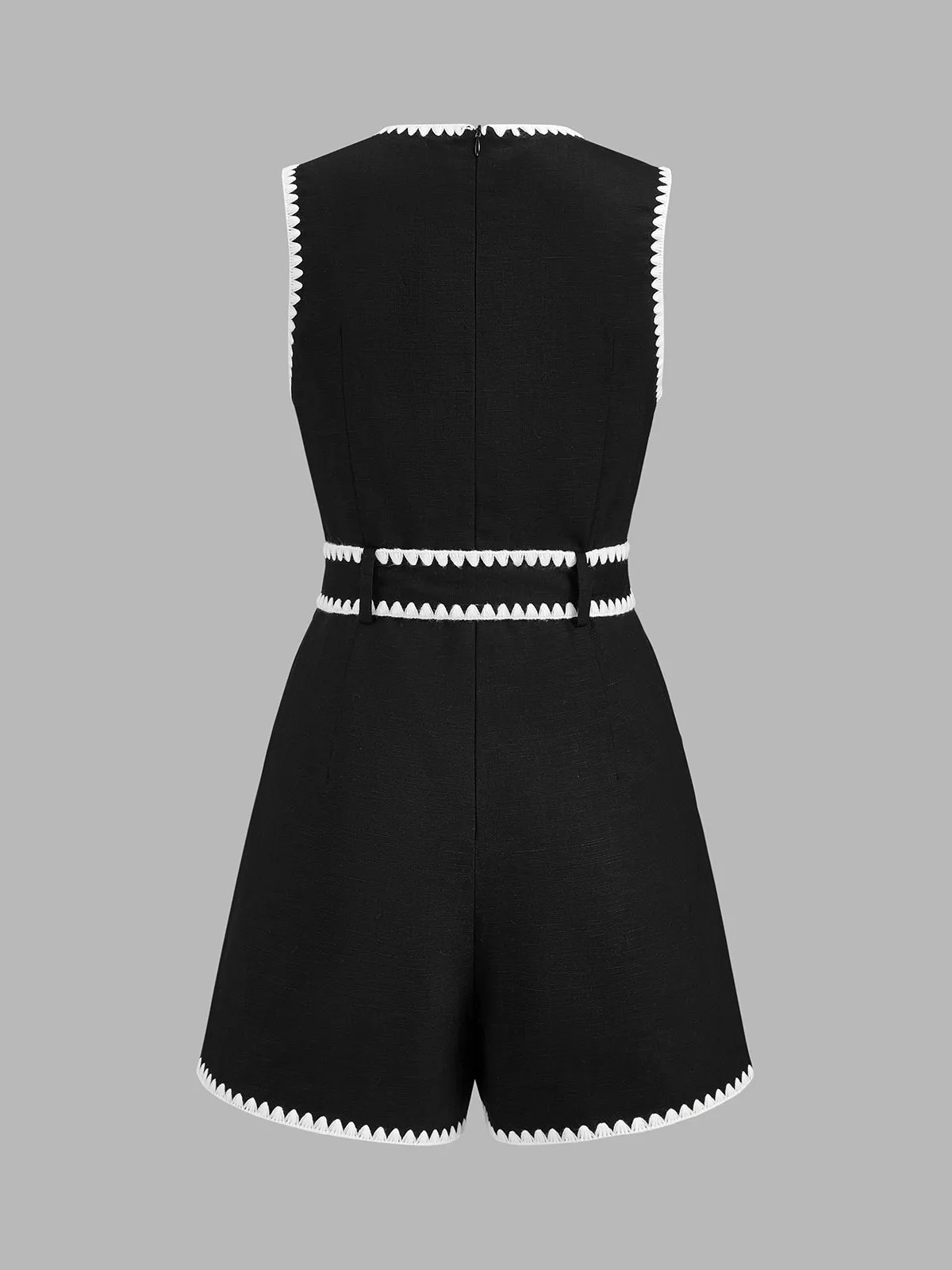 Linen Blend Scallop Trim Belted Romper sold by COMMENSE product image thumbnail 3