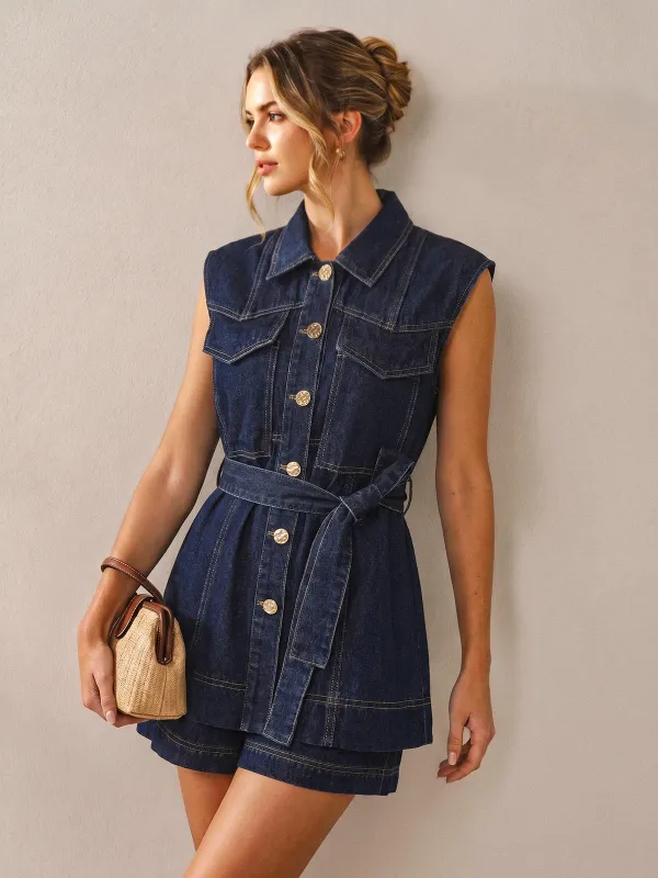 Sleeveless Belted Denim Shirt & Shorts Set made by COMMENSE