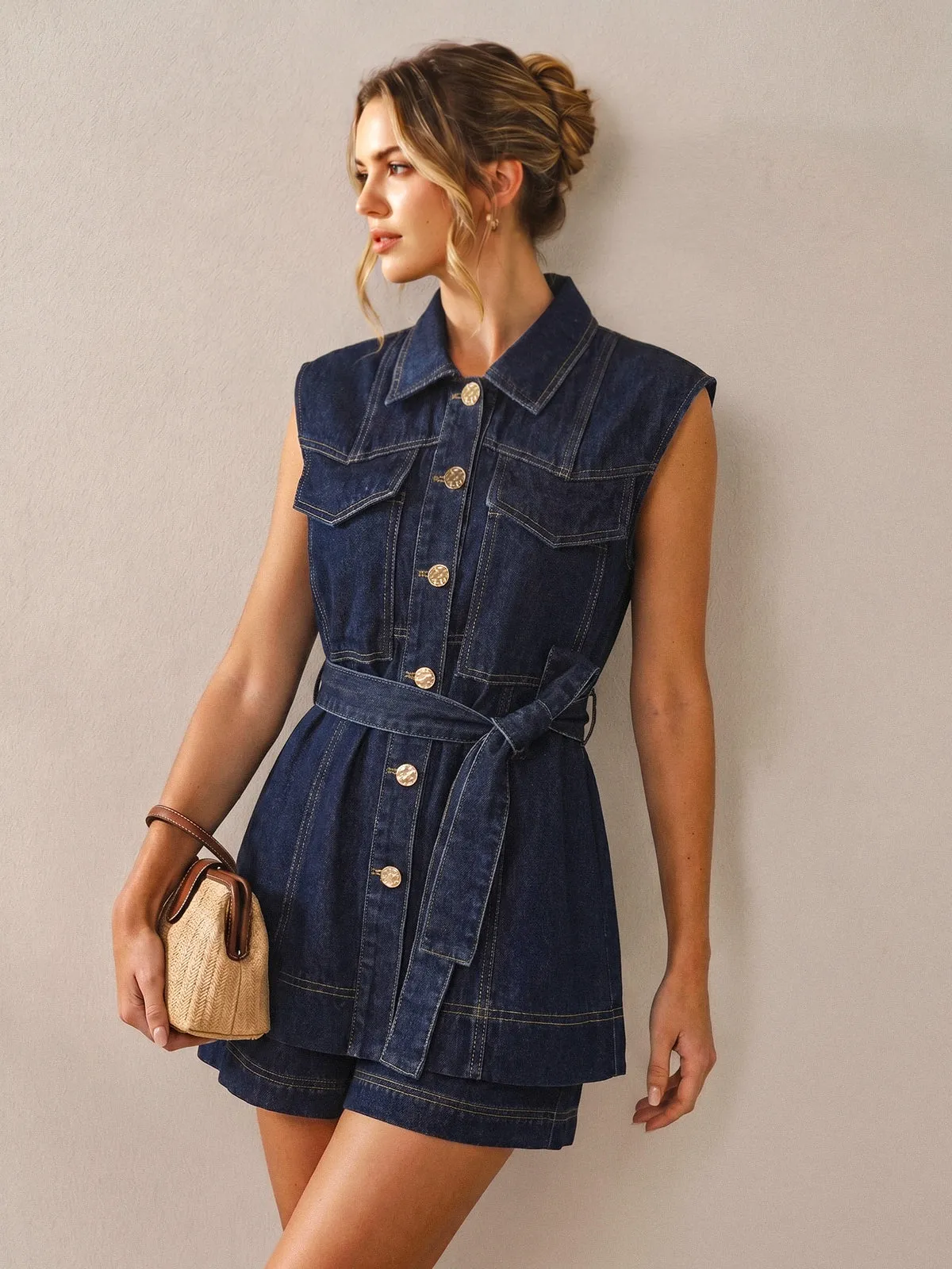 Sleeveless Belted Denim Shirt & Shorts Set sold by COMMENSE