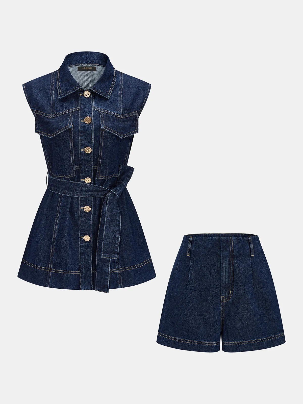 Sleeveless Belted Denim Shirt & Shorts Set sold by COMMENSE product image thumbnail 2