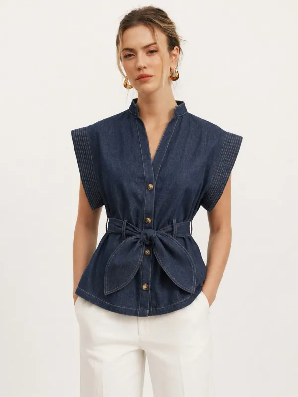 Sleeveless Button Front Belted Denim Blouse made by COMMENSE