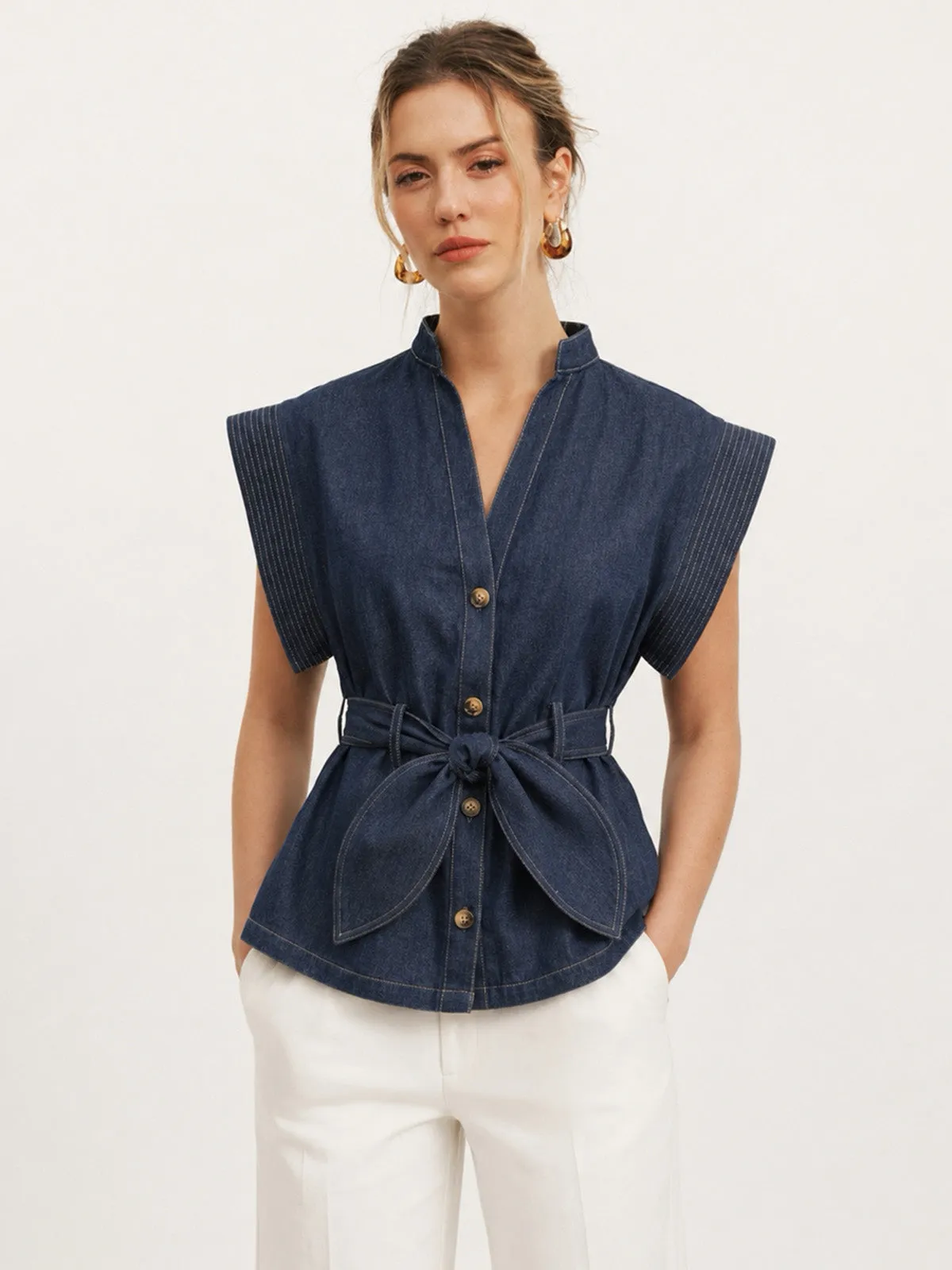 Sleeveless Button Front Belted Denim Blouse sold by COMMENSE