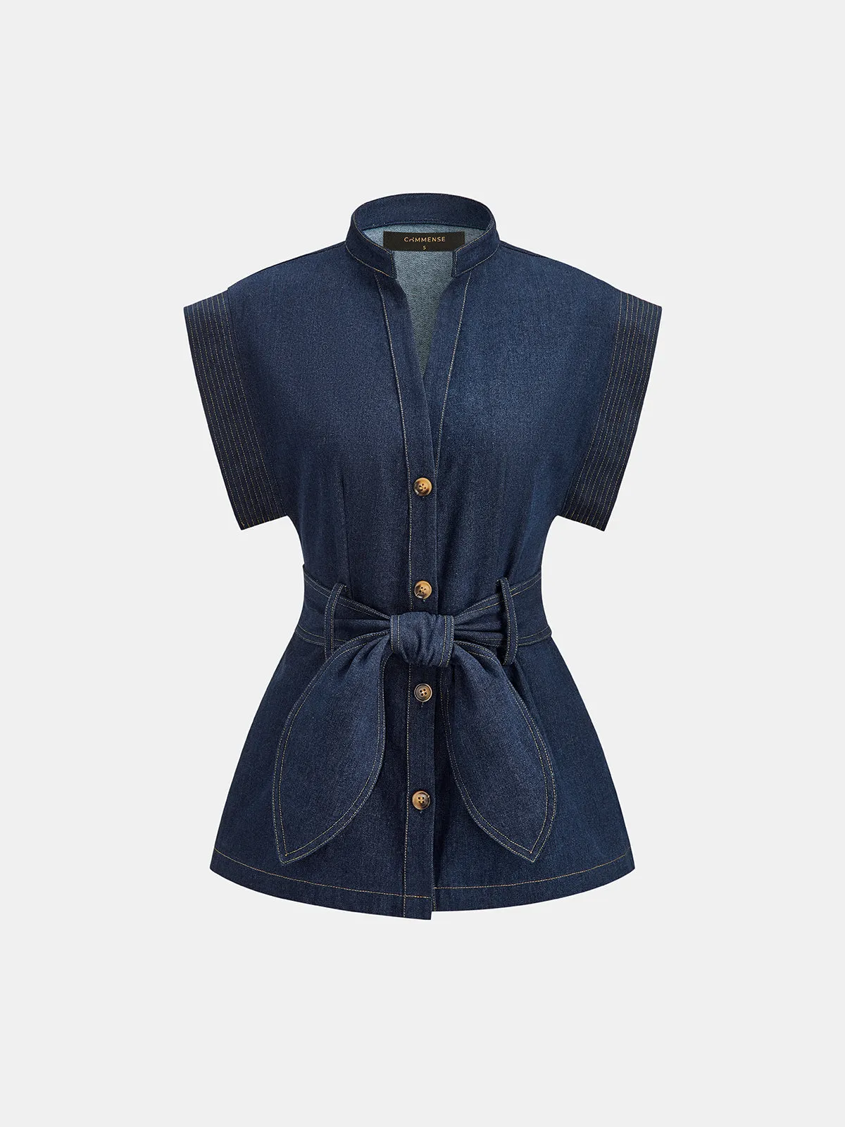 Sleeveless Button Front Belted Denim Blouse sold by COMMENSE product image thumbnail 2
