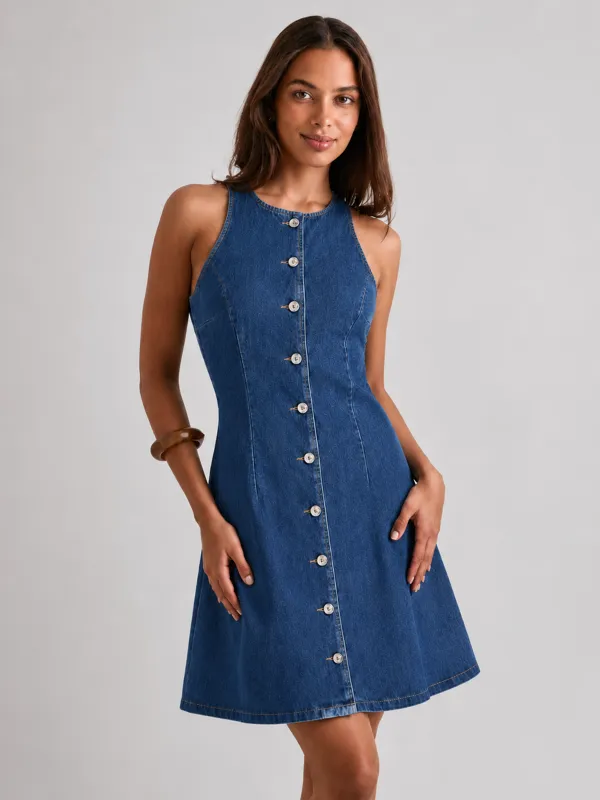 Button Front Sleeveless Denim Mini Dress made by COMMENSE