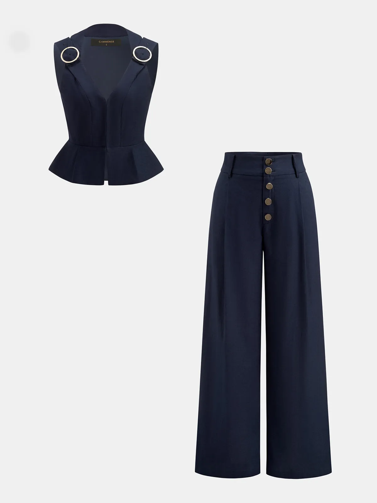 Ring Detail Peplum Cotton Linen Top & Pants Set sold by COMMENSE product image thumbnail 2