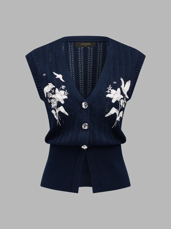 Embroidered Openwork Buttoned Knit Vest made by COMMENSE