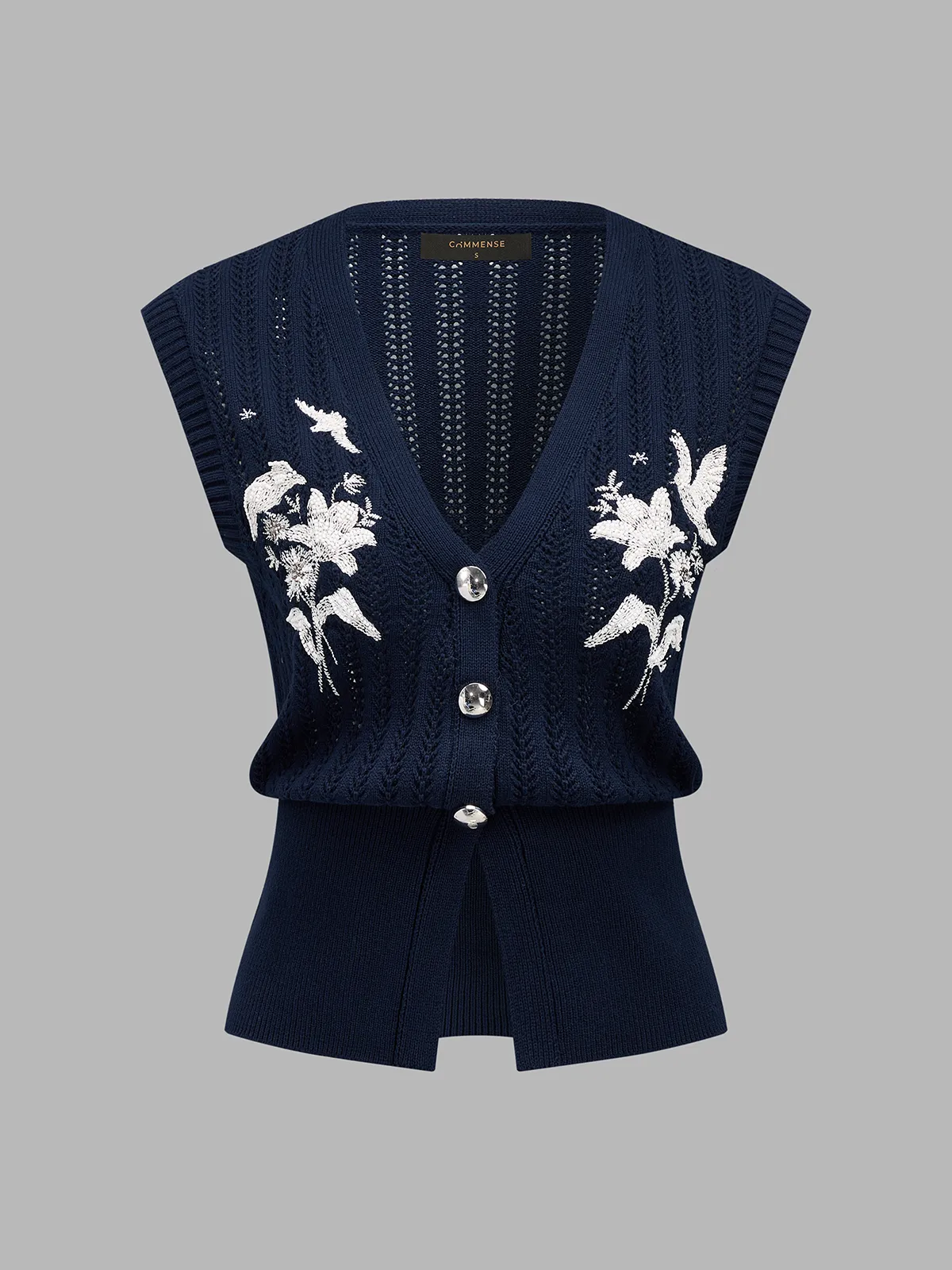 Embroidered Openwork Buttoned Knit Vest sold by COMMENSE