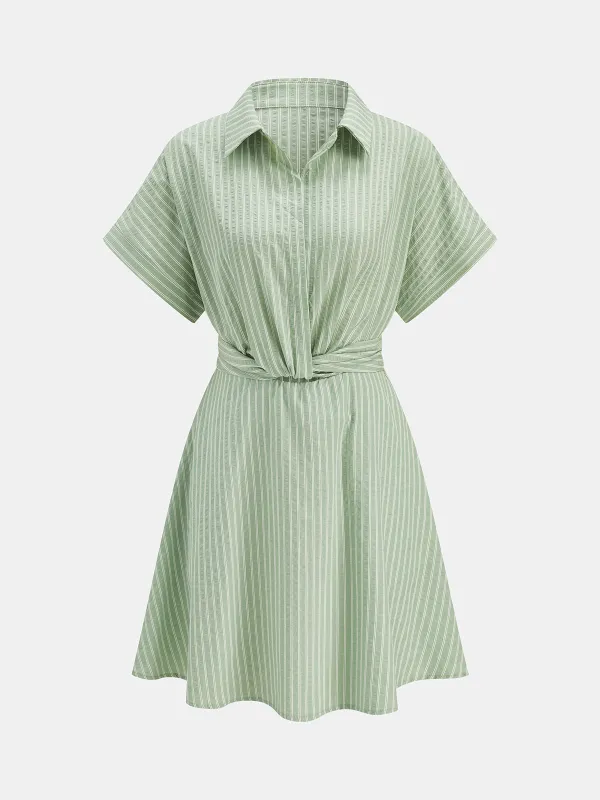 Striped Short Sleeve Tie-Back Shirt Dress made by COMMENSE