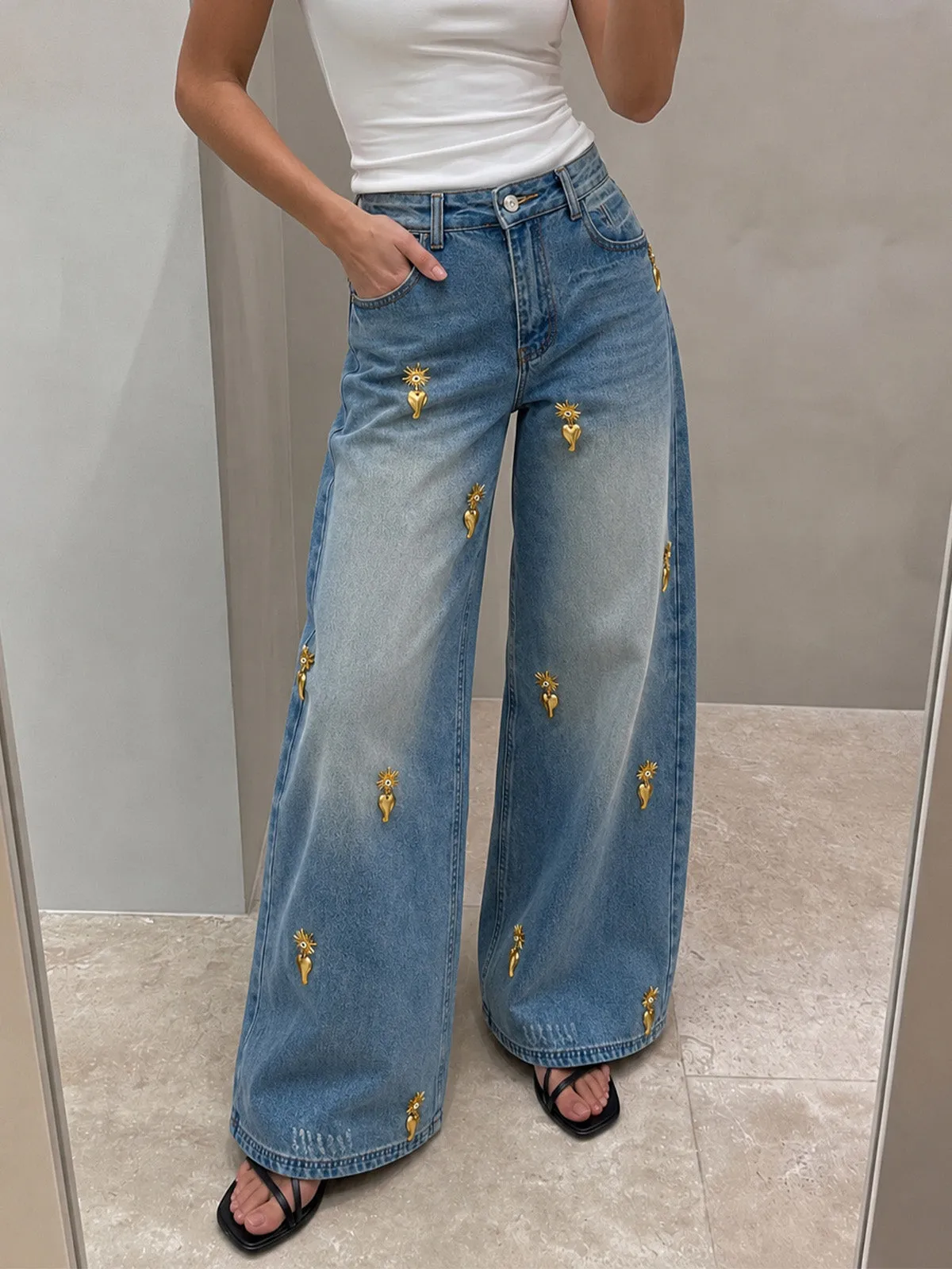 Heart Embellished Wide Leg Denim Pants sold by COMMENSE product image thumbnail 2
