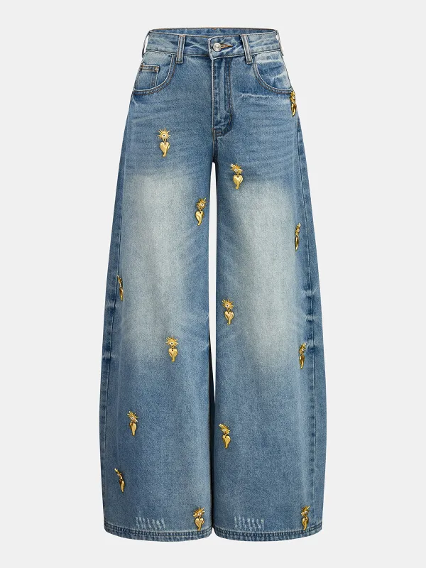 Heart Embellished Wide Leg Denim Pants made by COMMENSE