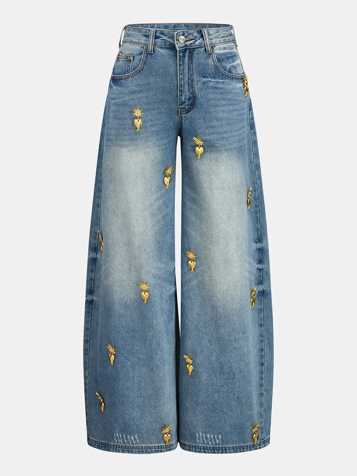 Heart Embellished Wide Leg Denim Pants sold by COMMENSE