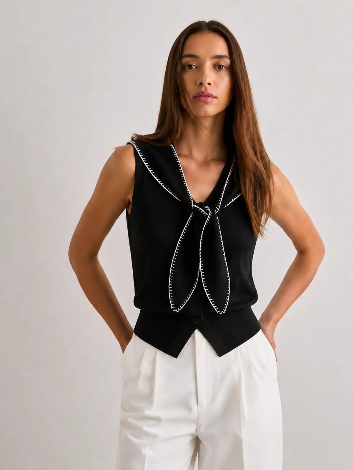 Contrast Stitch Knotted Knit Vest sold by COMMENSE product image thumbnail 2