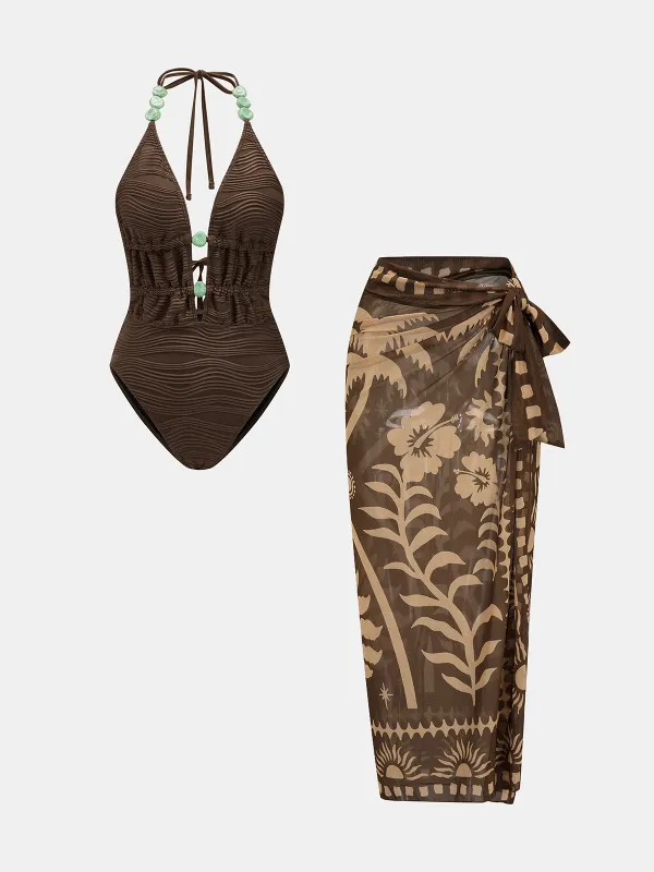Beaded Textured One Piece Swimsuit & Sarong Set made by COMMENSE