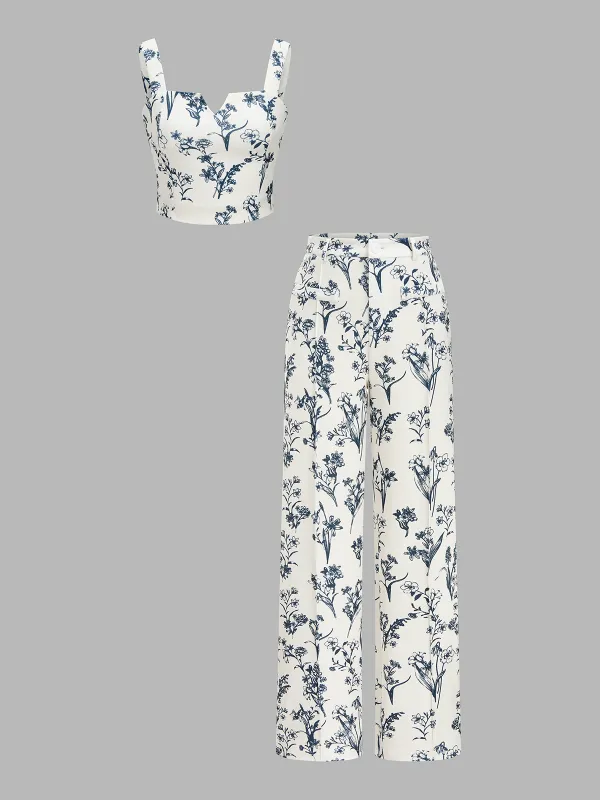 Floral Print Crop Cami Top & Wide Leg Pants Set made by COMMENSE