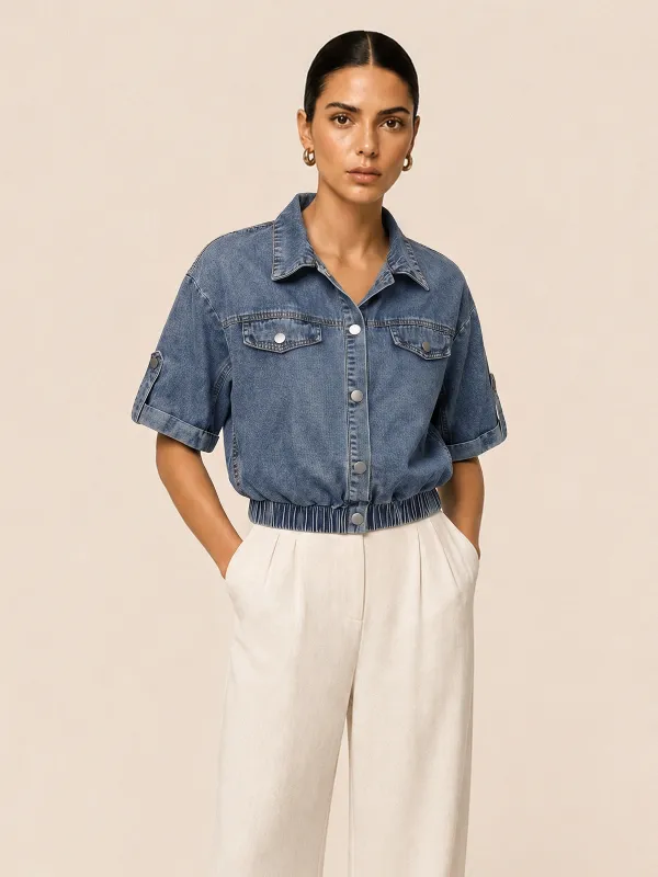 Elastic Hem Cuffed Short Sleeve Denim Crop Shirt made by COMMENSE