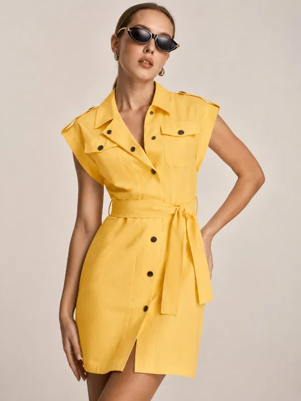 Epaulet Belted Cotton Shirt Mini Dress made by COMMENSE