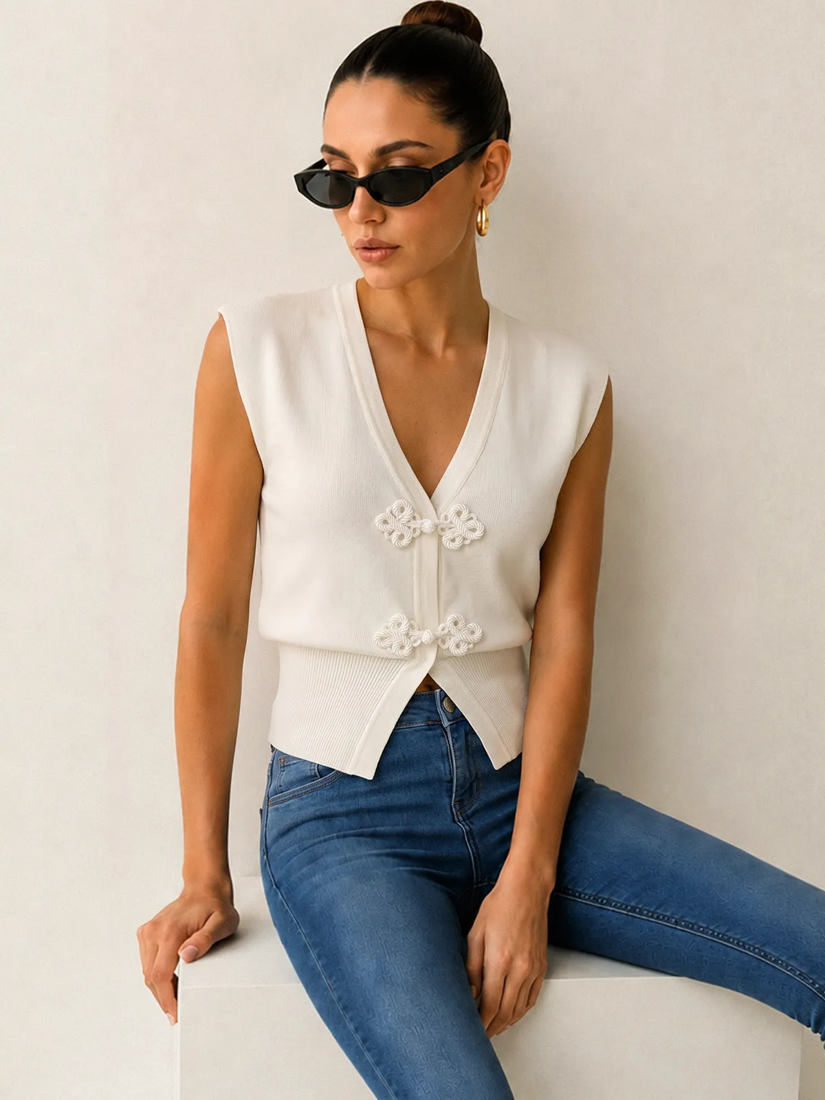 Frog Button V Neck Knit Vest sold by COMMENSE