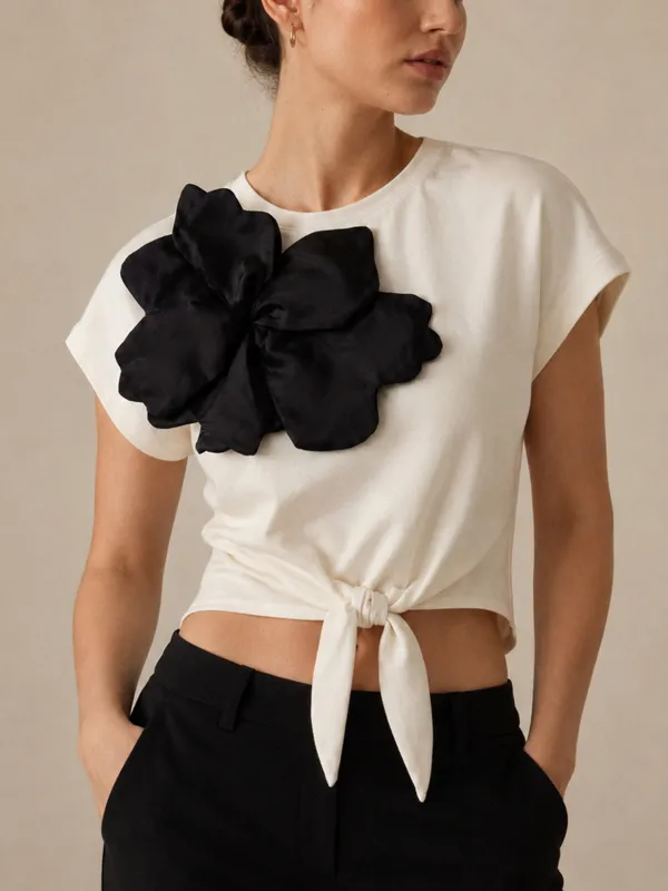 3D Floral Tie Front Cropped Top made by COMMENSE