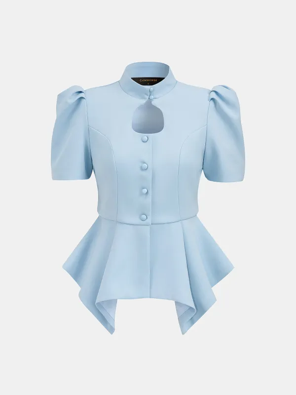 Keyhole Neck Puff Sleeve Peplum Blouse made by COMMENSE
