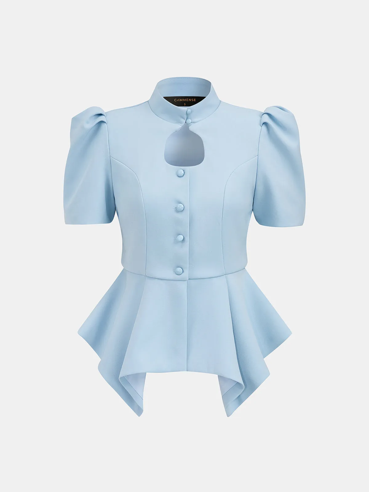 Keyhole Neck Puff Sleeve Peplum Blouse sold by COMMENSE