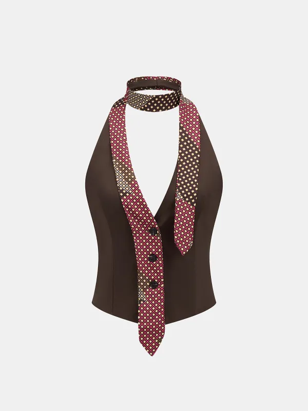 Grid Choker Halter V Neck Vest made by COMMENSE