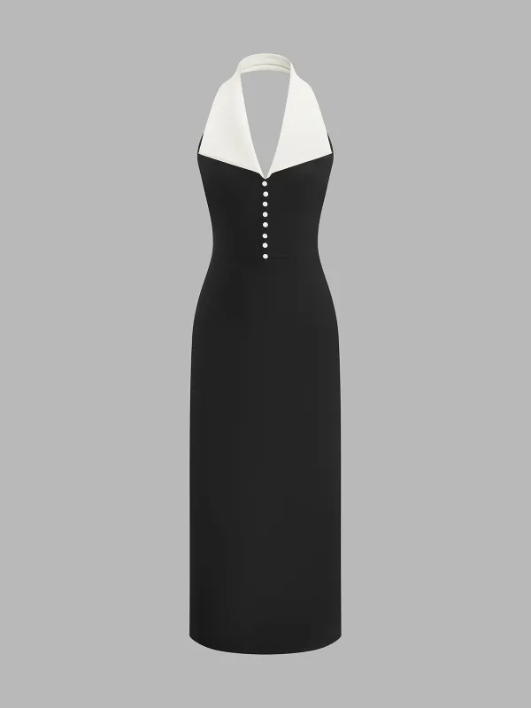 Contrast Collar Halter Midi Dress made by COMMENSE