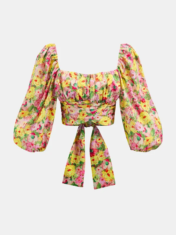 Square Neck Puff Sleeve Floral Tie-Back Blouse made by COMMENSE