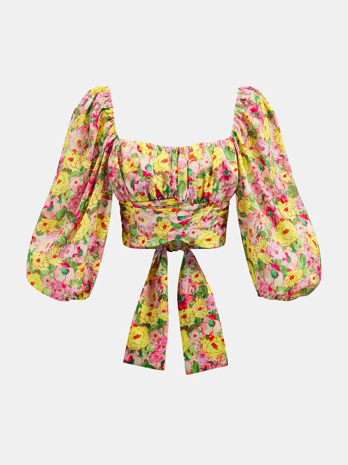 Square Neck Puff Sleeve Floral Tie-Back Blouse sold by COMMENSE