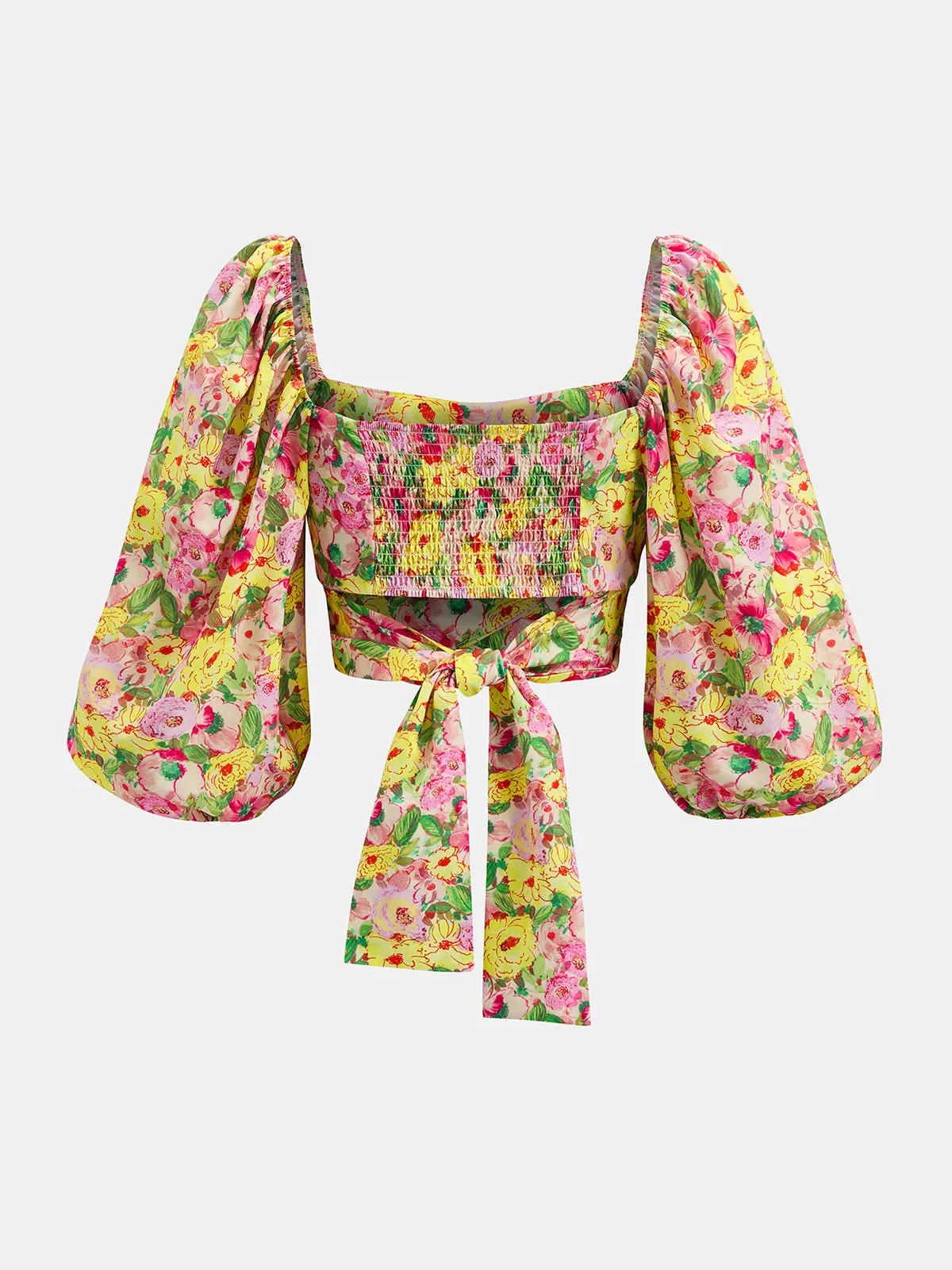 Square Neck Puff Sleeve Floral Tie-Back Blouse sold by COMMENSE product image thumbnail 2