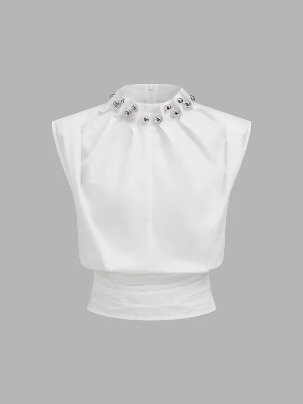 Sleeveless Studded Cinched Waist Cotton Blouse made by COMMENSE