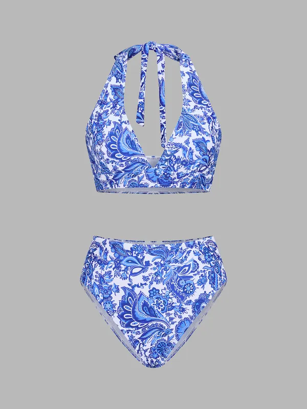 Paisley Halter High Waist Bikini Set made by COMMENSE