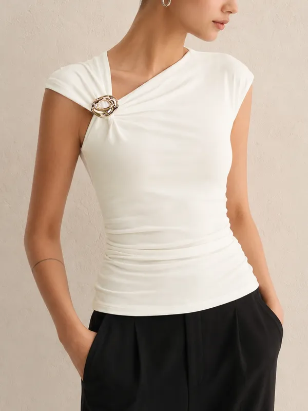 Metal Ring Asymmetric Ruched Cap Sleeve Top made by COMMENSE