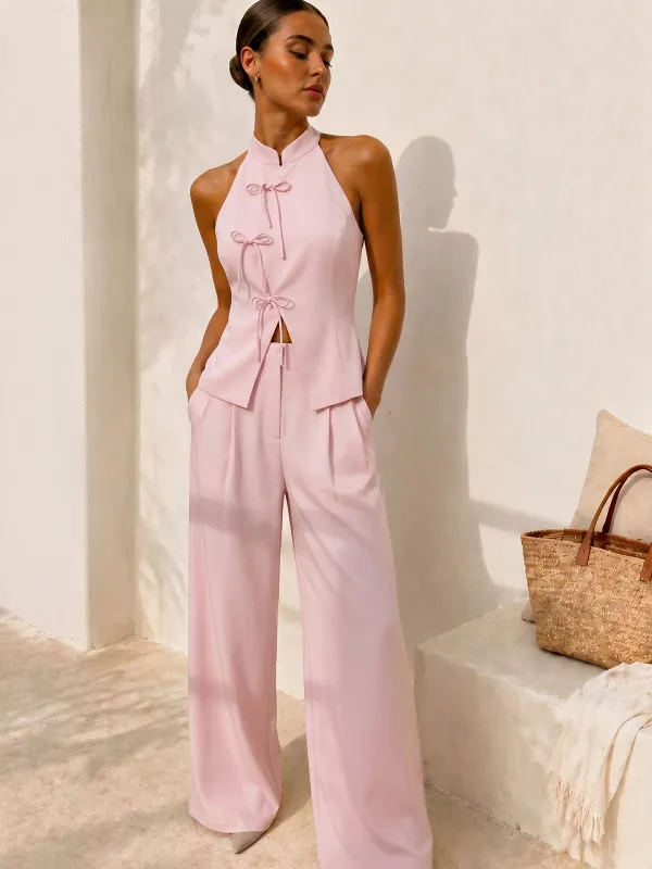 Mandarin Collar Two-Piece Pants Set made by COMMENSE