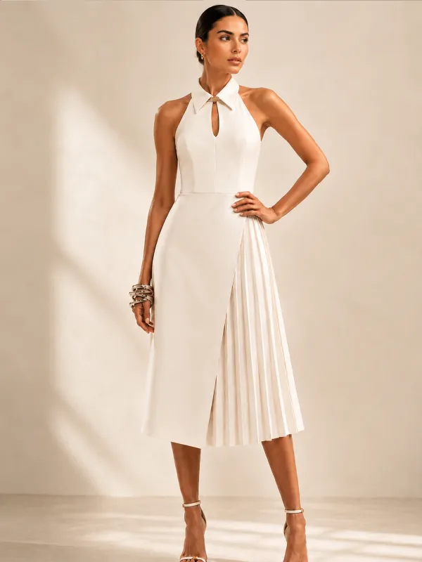 Keyhole Collared Pleated Midi Dress made by COMMENSE