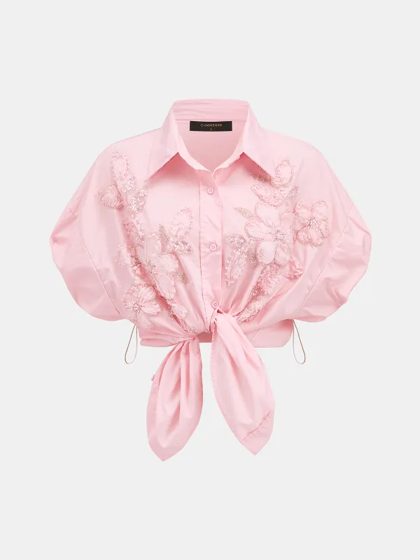 3D Floral Beaded Short Sleeve Cotton Shirt made by COMMENSE