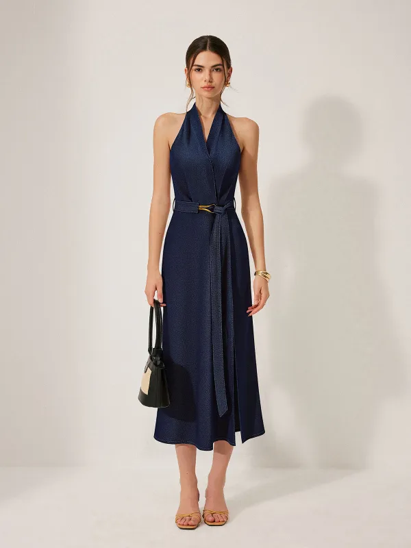 Denim Belted Halter Neck Midi Dress made by COMMENSE