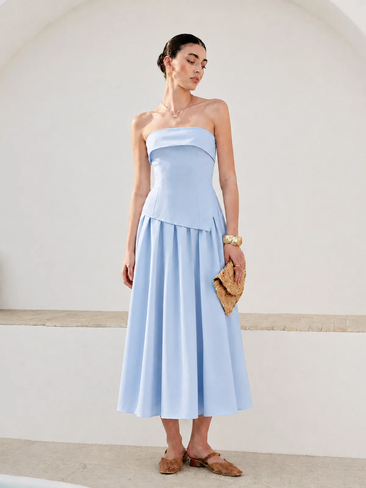 Fold Over Strapless Pleated Midi Dress sold by COMMENSE