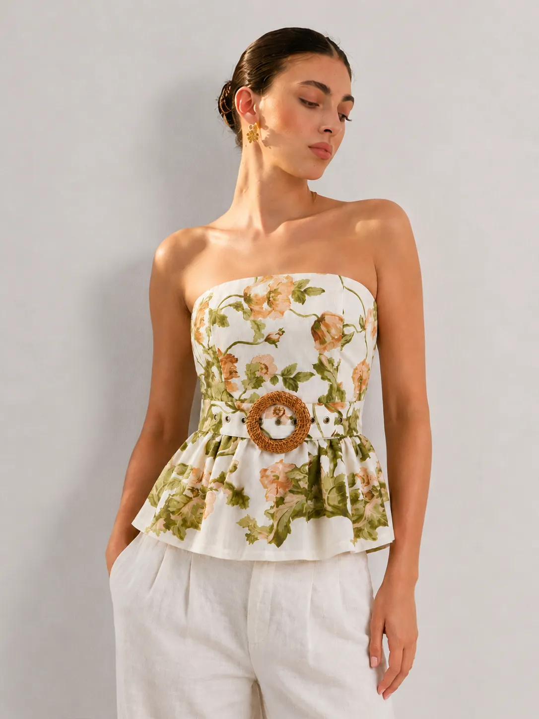 Floral Print Strapless Belted Peplum Top sold by COMMENSE
