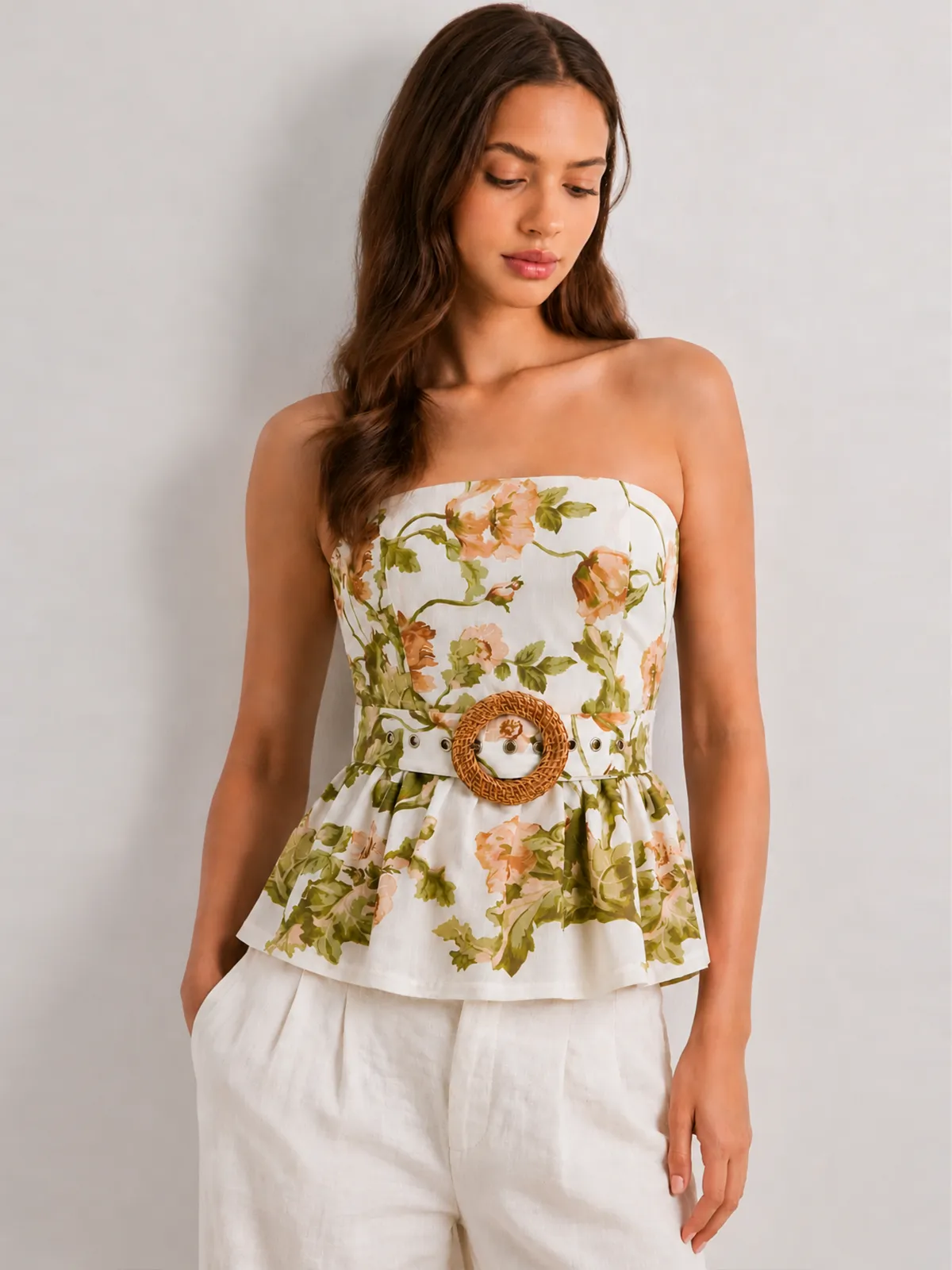 Floral Print Strapless Belted Peplum Top sold by COMMENSE product image thumbnail 5