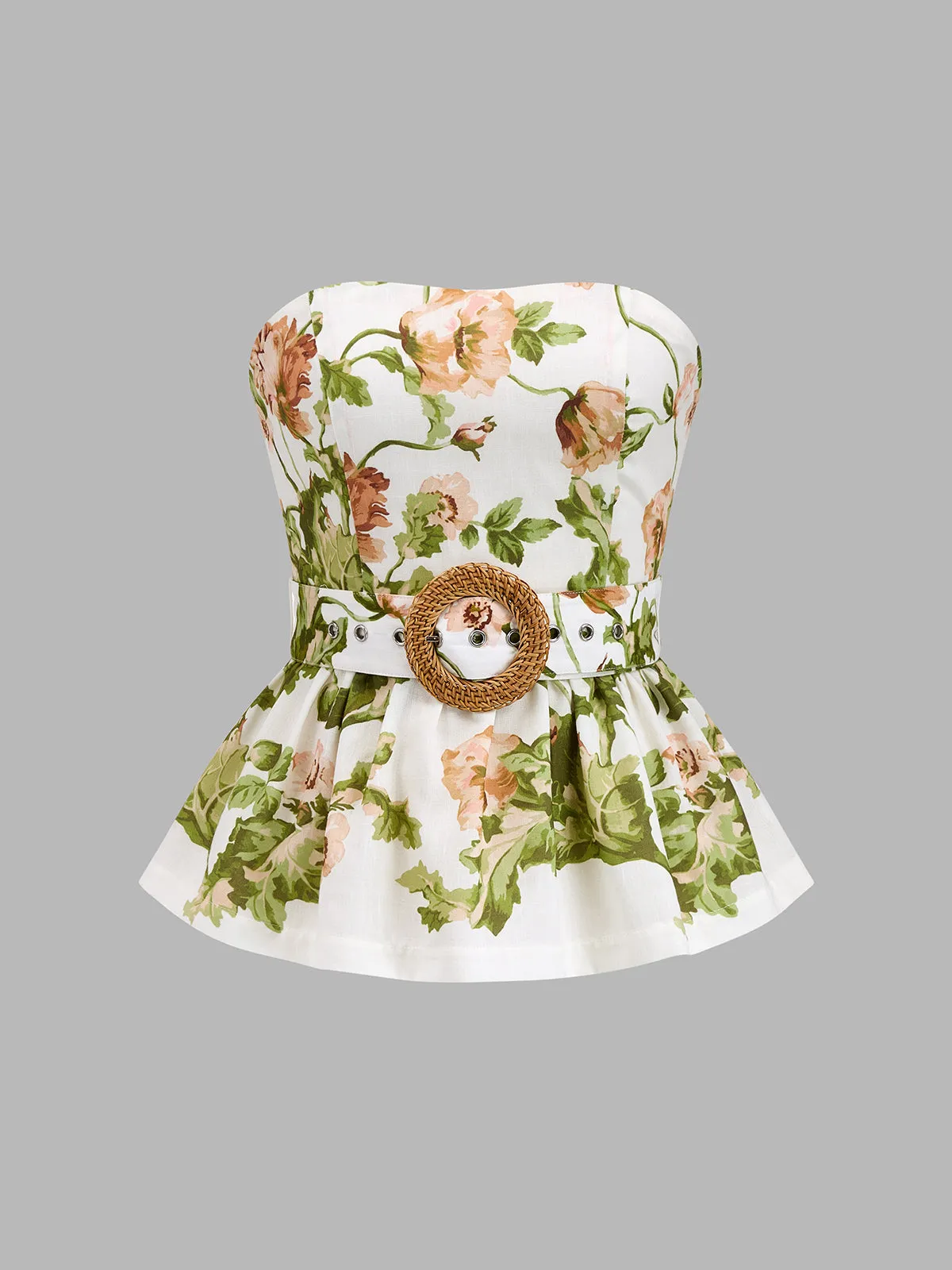 Floral Print Strapless Belted Peplum Top sold by COMMENSE product image thumbnail 2