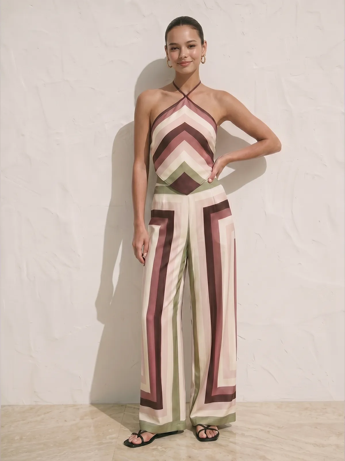 Geometric Print Halter Top & Pants Set sold by COMMENSE