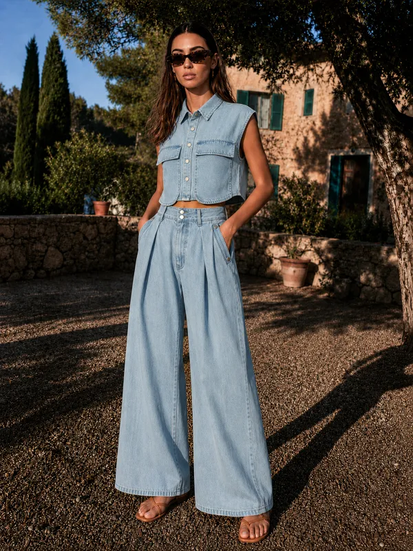 Sleeveless Crop Denim Top & Pleated Pants Set made by COMMENSE