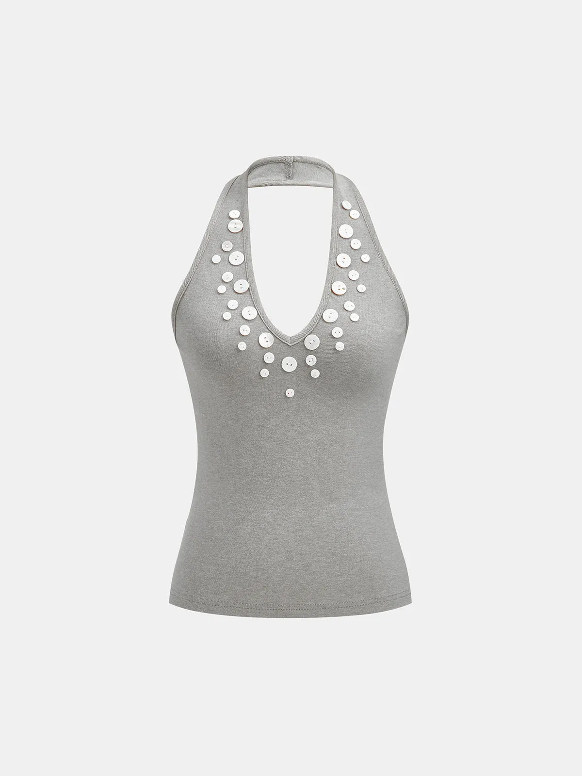 Button Embellished Halter Neck Fitted Tank Top sold by COMMENSE product image thumbnail 2