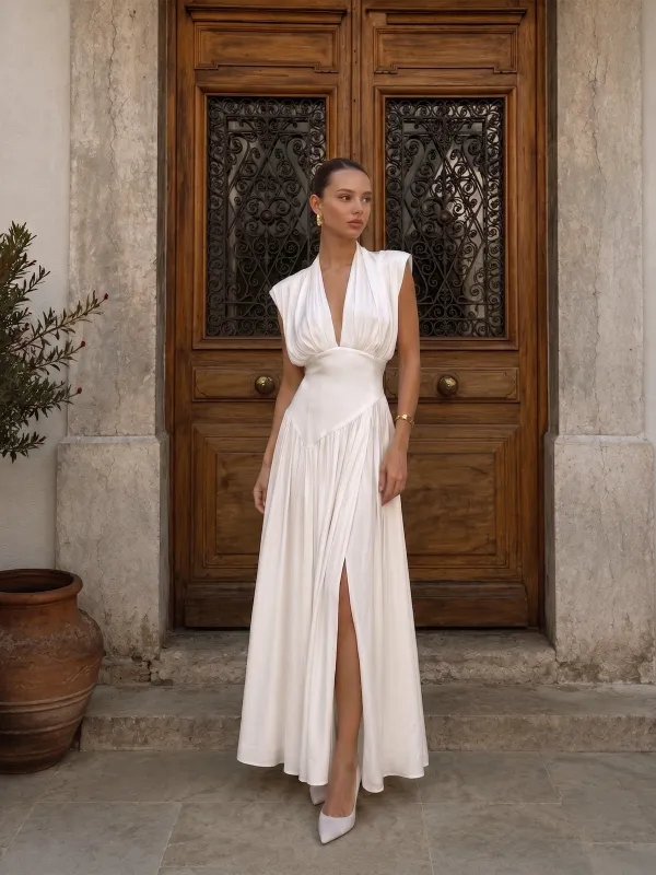 Deep V High Slit Satin Maxi Dress made by COMMENSE