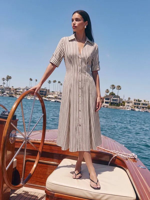 Roll Sleeve Striped Shirt Midi Dress made by COMMENSE
