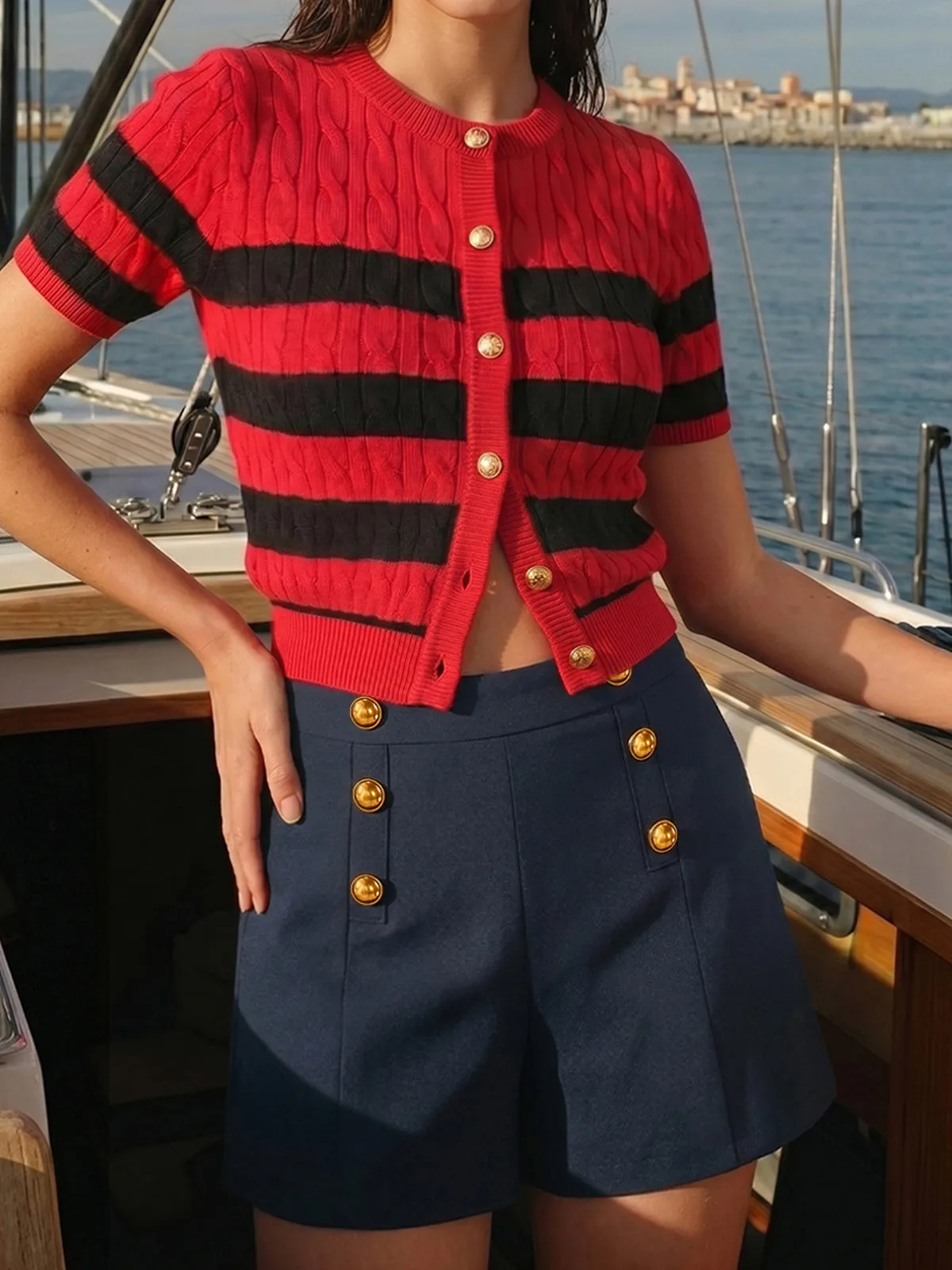 Double Row Metal Detail Linen Blend Shorts sold by COMMENSE